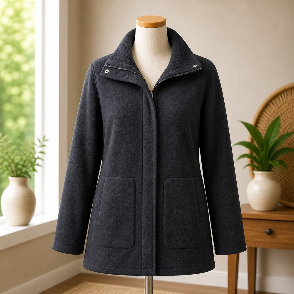 Denim & Co Womens‎ Fleece Jacket Gray Sherpa Lined Funnel Neck Zip Front Size MP
